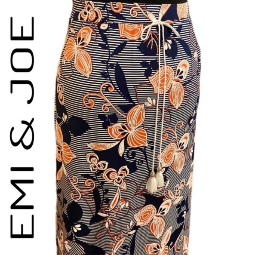 Emi & Joe Blue White Striped Orange Floral Long Maxi Skirt Women’s Size Large
